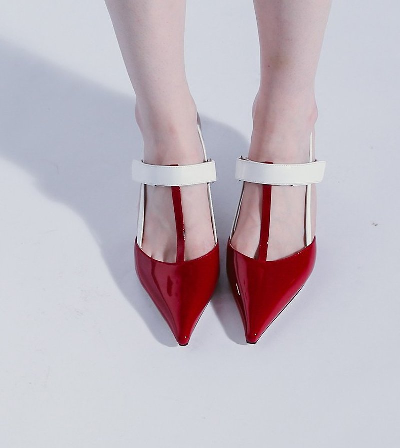 【 展示品出清 】T狀結構 魔鬼氈設計 細低跟真皮涼鞋 紅白 - 涼鞋 - 真皮 紅色