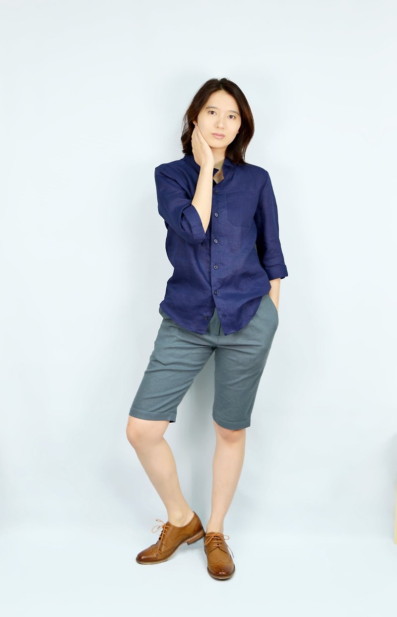 [HIKIDASHI] Unisex shirt with flat collar. Zhangqing general Linen - Women's Shirts - Cotton & Hemp 