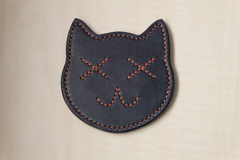 Black leather cat coaster Italian tannage - Coasters - Genuine Leather Black