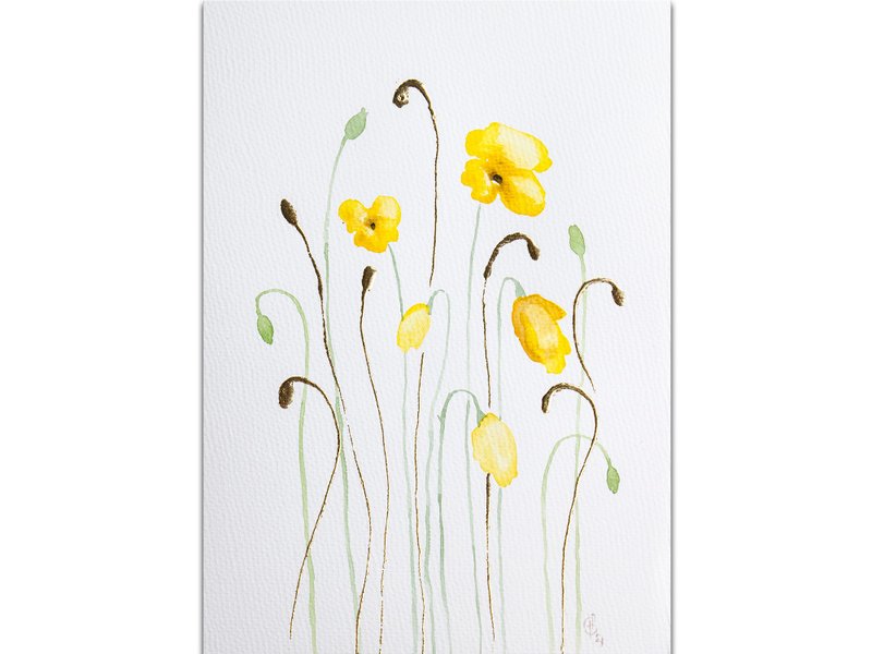 Poppy Painting Yellow Poppies Original Art Minimalist Watercolor Hand-Painted - โปสเตอร์ - กระดาษ สีเหลือง