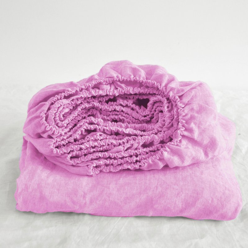 Bubble gum linen fitted sheet / Softened linen bed sheet / Deep pocket - 寢具/床包 - 亞麻 粉紅色