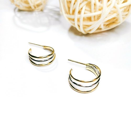DoriAN純銀設計 Eli Jewelry義大利進口正14K金歐美龐克雙色C型多層次圓圈耳環