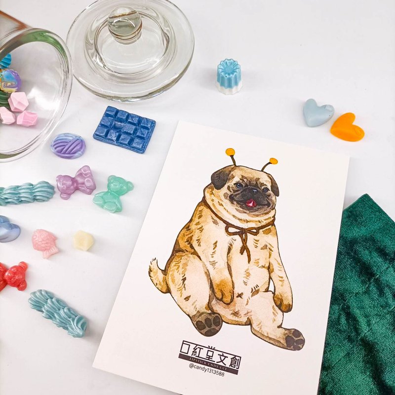 KR474_口紅堂明信片_巴哥犬4_candy1313588 postcard - 卡片/明信片 - 紙 多色