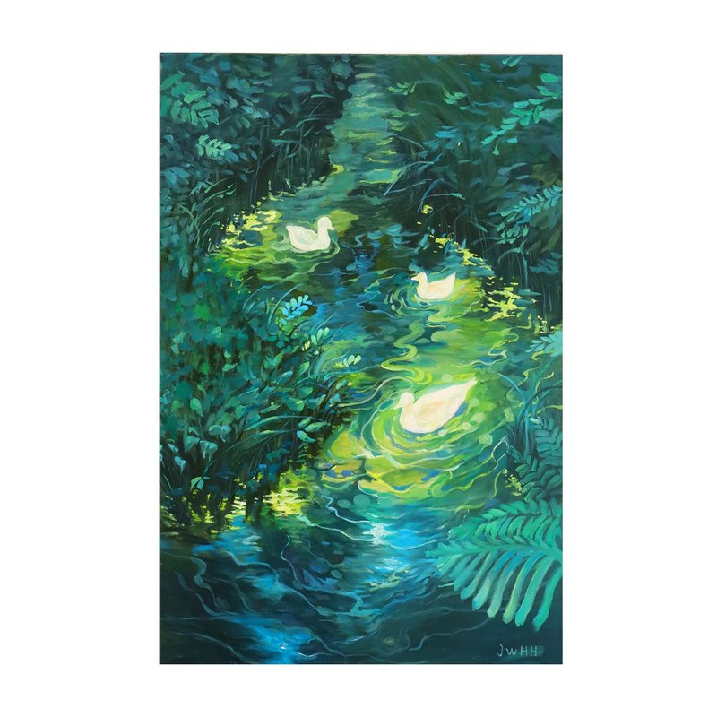 油畫夜晚池塘的小鴨子  限量300藝術微噴  家居掛畫  作者親簽 - 海報/掛畫/掛布 - 亞麻 多色