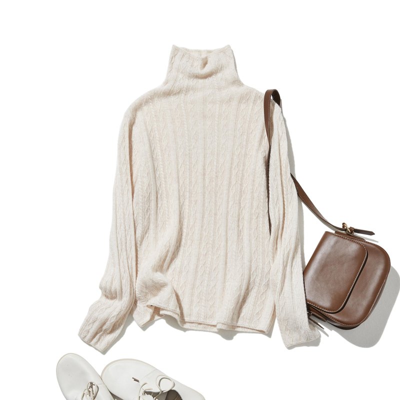 冬の定番に、立体アラン模様の美しい一品　カシミヤとウールのハイネックニット　セーター　ベージュ 251122-1 - 女毛衣/針織衫 - 羊毛 白色