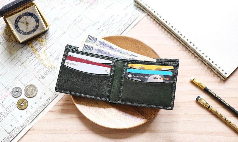 Fast shipping Italian cowhide handmade short clip olive green light multi-card layer free engraving packaging - Wallets - Genuine Leather Multicolor