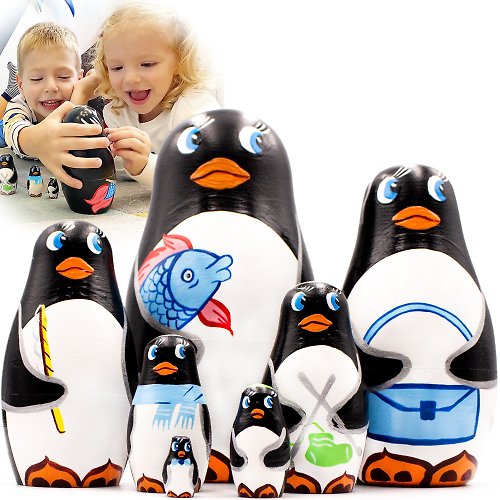 布列斯特纪念品厂 - 套娃 Penguins Nesting Dolls Set of 7 pcs - Matryoshka with Penguin Decorations