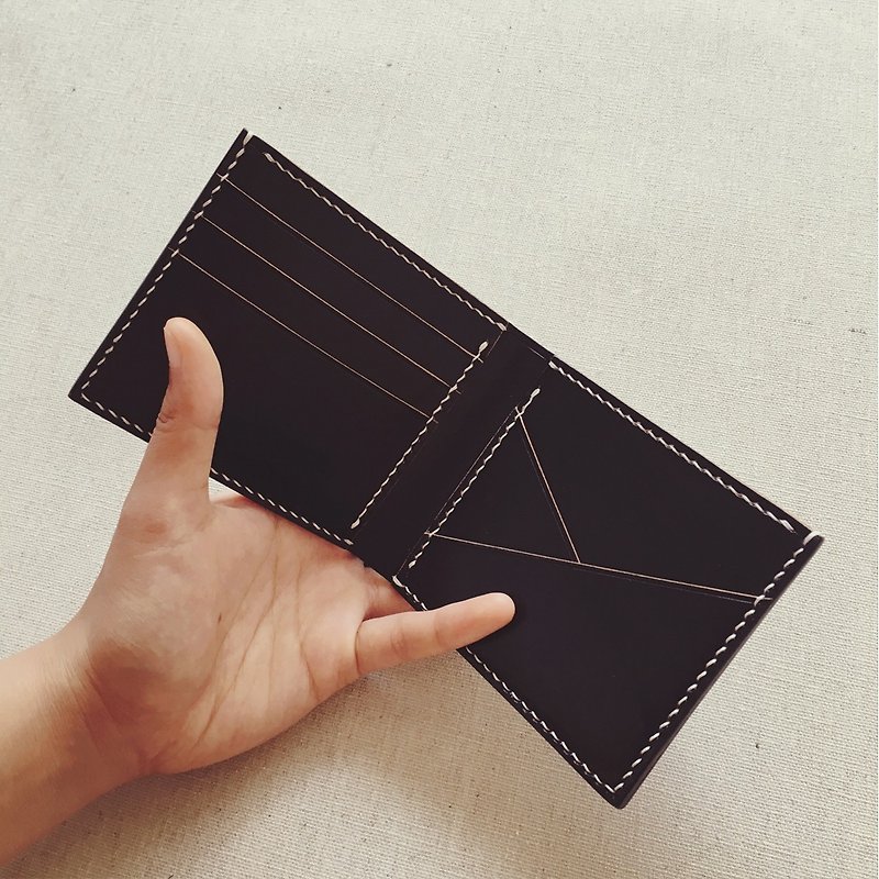 騎士を生成コマースイタリアのベジタブルなめしの革純粋な手縫いの革の染色のシンプルな黒のショートクリップPXK - 財布 - 革 ブラック