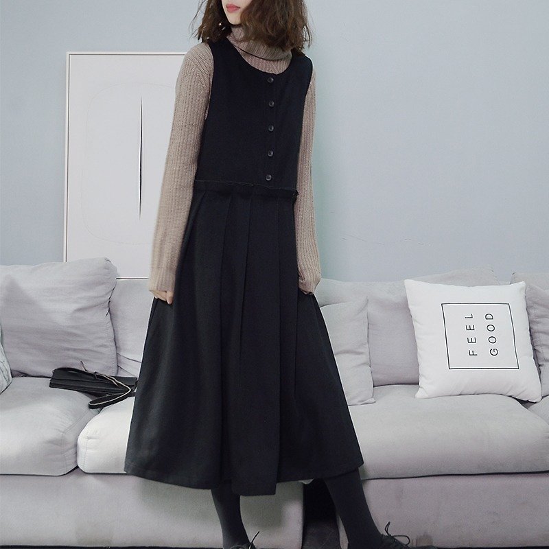 法式復古高腰洋裝-藏青色|洋裝|羊毛呢|獨立品牌|Sora-91 - 連身裙 - 羊毛 