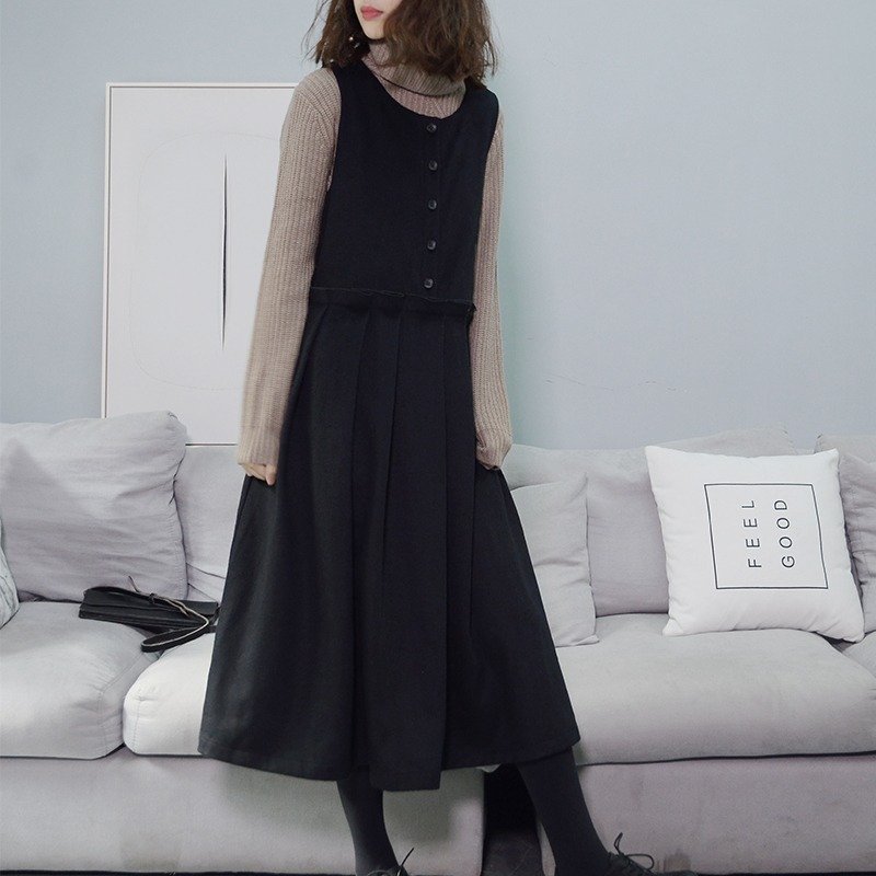 French retro high waist dress - navy blue | dress | wool | independent brand | Sora-91 - ชุดเดรส - ขนแกะ 