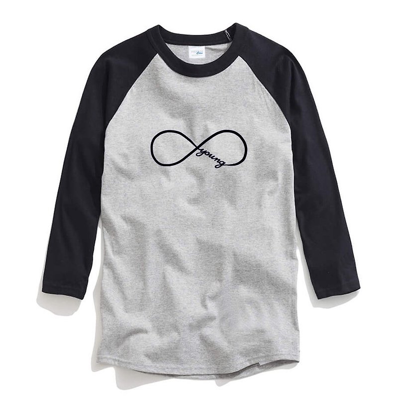 Forever Young infinity #2 unisex 3/4 sleeve gray/black t shirt - Men's T-Shirts & Tops - Cotton & Hemp Gray