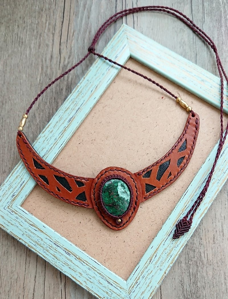 Misssheep L01-Genuine Leather necklace with Chrysocolla, - สร้อยคอ - หนังแท้ สีนำ้ตาล