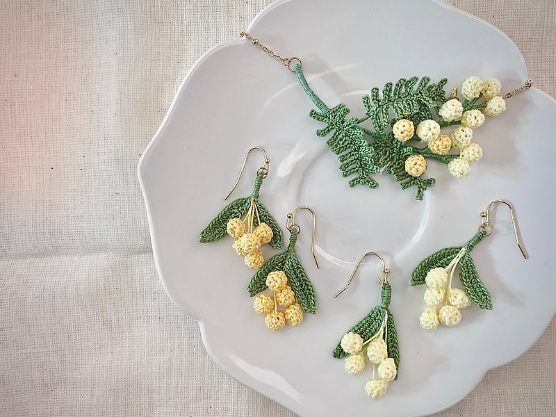 Mimosa • Albizia Mimosa Crocheted Silver925 Necklace Necklace Custom Gift - Necklaces - Cotton & Hemp Yellow