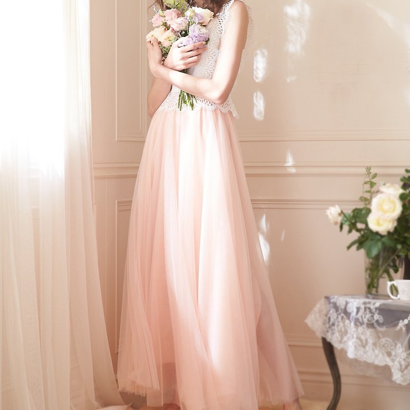 Alisa pink long gauze tulle skirt - กระโปรง - เส้นใยสังเคราะห์ สึชมพู