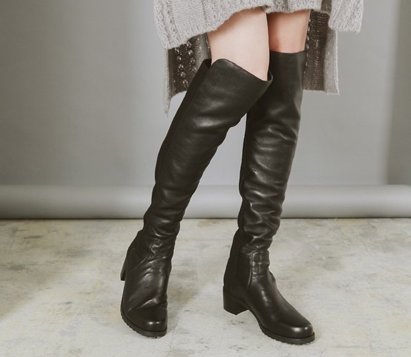 High-degree stretch elastic bandage half knee leather boots black - รองเท้าบูทยาวผู้หญิง - หนังแท้ สีดำ
