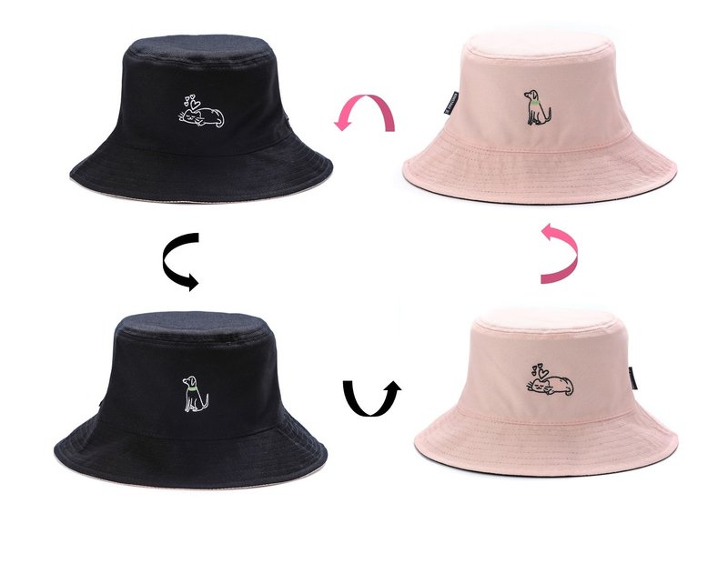 Cat / Dog embroidery 2-side 2-color Reversible Bucket Hat (Black Pink) - Hats & Caps - Cotton & Hemp Multicolor