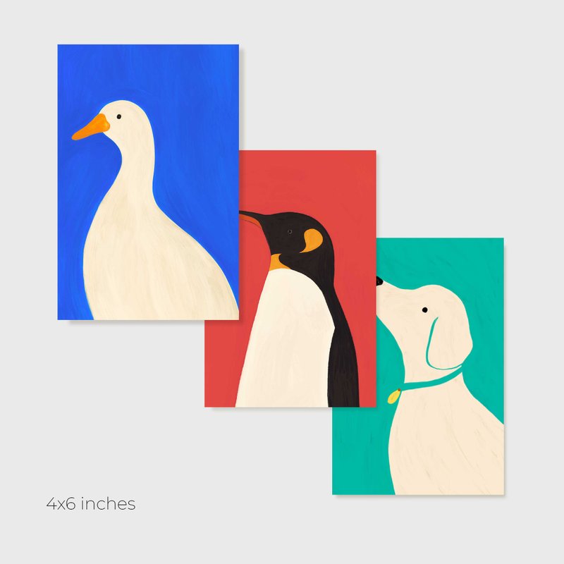 Postcard SET goose goose duck with friends  (3pcs) - 卡片/明信片 - 紙 紅色