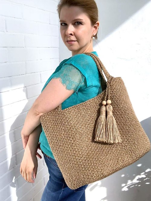 KatitoBags Crocheted jute bag Large tote bag Shopping bag with lining Shoulder beach bag
