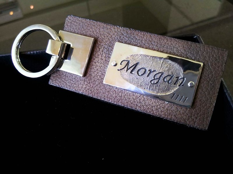 Fingerprint imprint series / fingerprint engraving leather key ring / 925 Silver/ customized - Keychains - Other Metals Silver