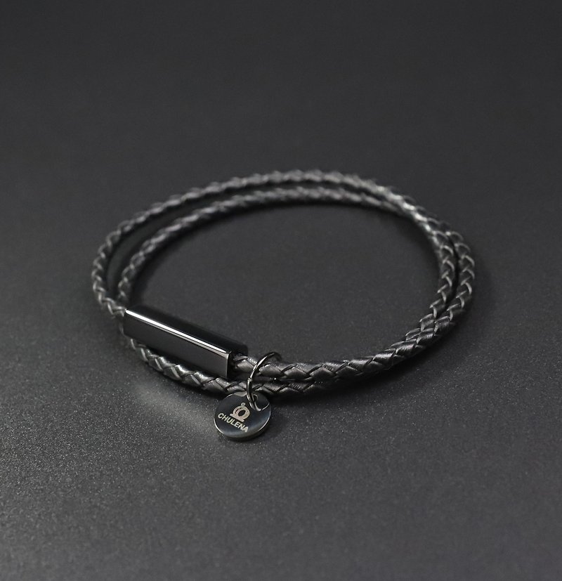 [Customized] Double-circle genuine leather braided bracelet_black (8 colors) / can be engraved - Bracelets - Genuine Leather Black