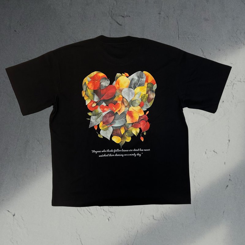 Hong Kong original brand DUKKHA SUKHA thick cotton 4-point collar short-sleeved T-shirt black LEAFY HEART - เสื้อยืดผู้ชาย - ผ้าฝ้าย/ผ้าลินิน สีดำ