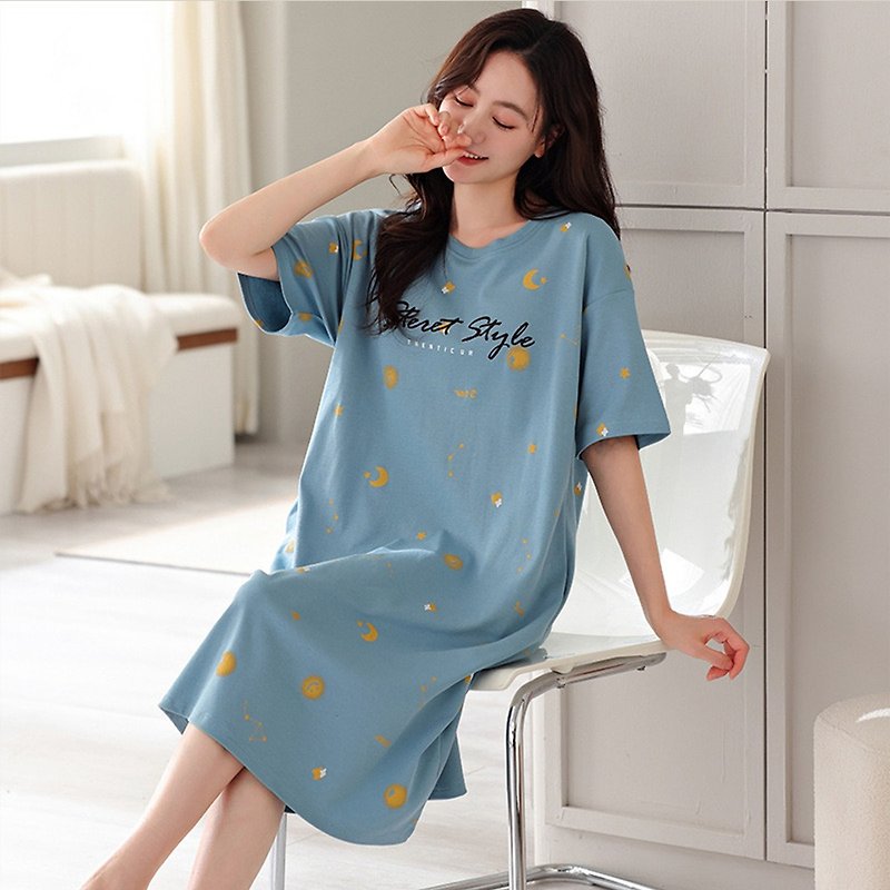 Pink Lady cup-style modal cotton soft nightgown Constellation Story short-sleeved one-piece pajamas home wear - Loungewear & Sleepwear - Other Man-Made Fibers Blue