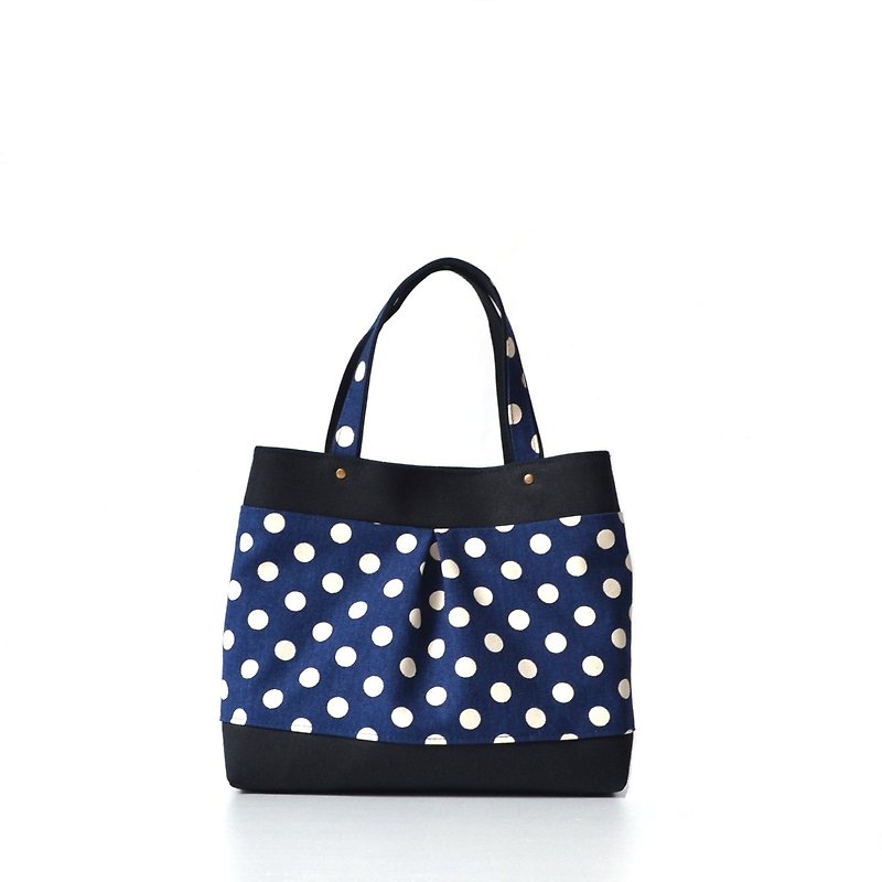 Button spot-blue mine tote bag, handbag, handmade, canvas - กระเป๋าถือ - ผ้าฝ้าย/ผ้าลินิน สีน้ำเงิน