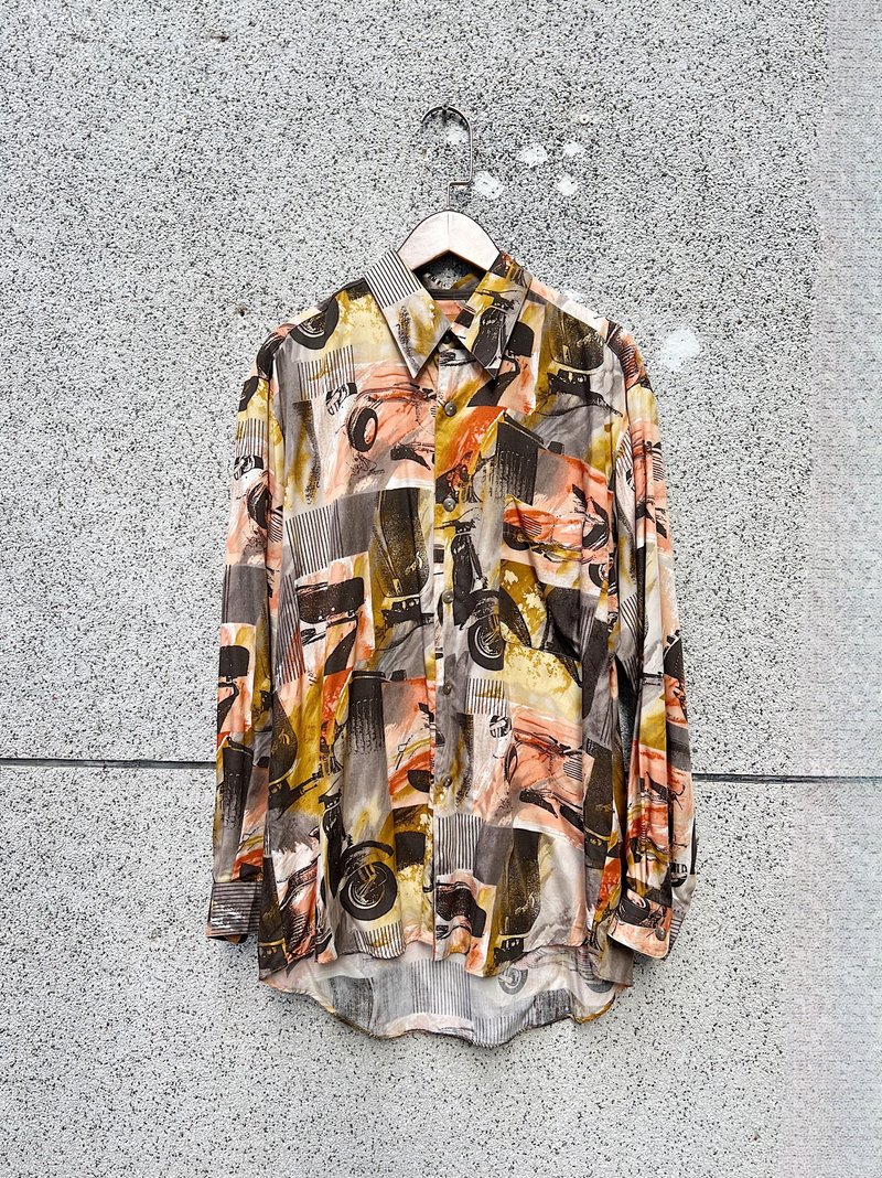黃橙黑色偉士迷集團青春年華時光 古著絲質襯衫vintage shirts - 女襯衫 - 絲．絹 多色