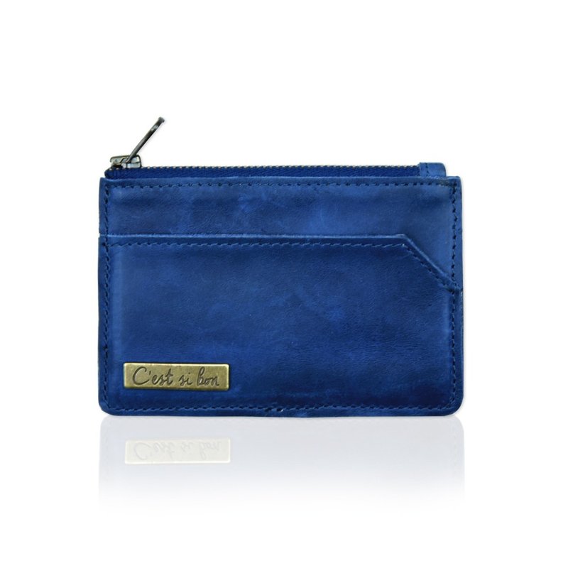 [Craftsman Leather] Leather Color Washed Change Card Case Travel Commuting Gift-Nostalgic Blue - Coin Purses - Genuine Leather Blue