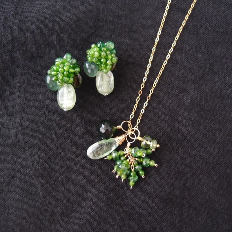 Necklace Charm Set【K14gf】Green Kyanite × Garnet × Chromediopside - 項鍊 - 寶石 綠色