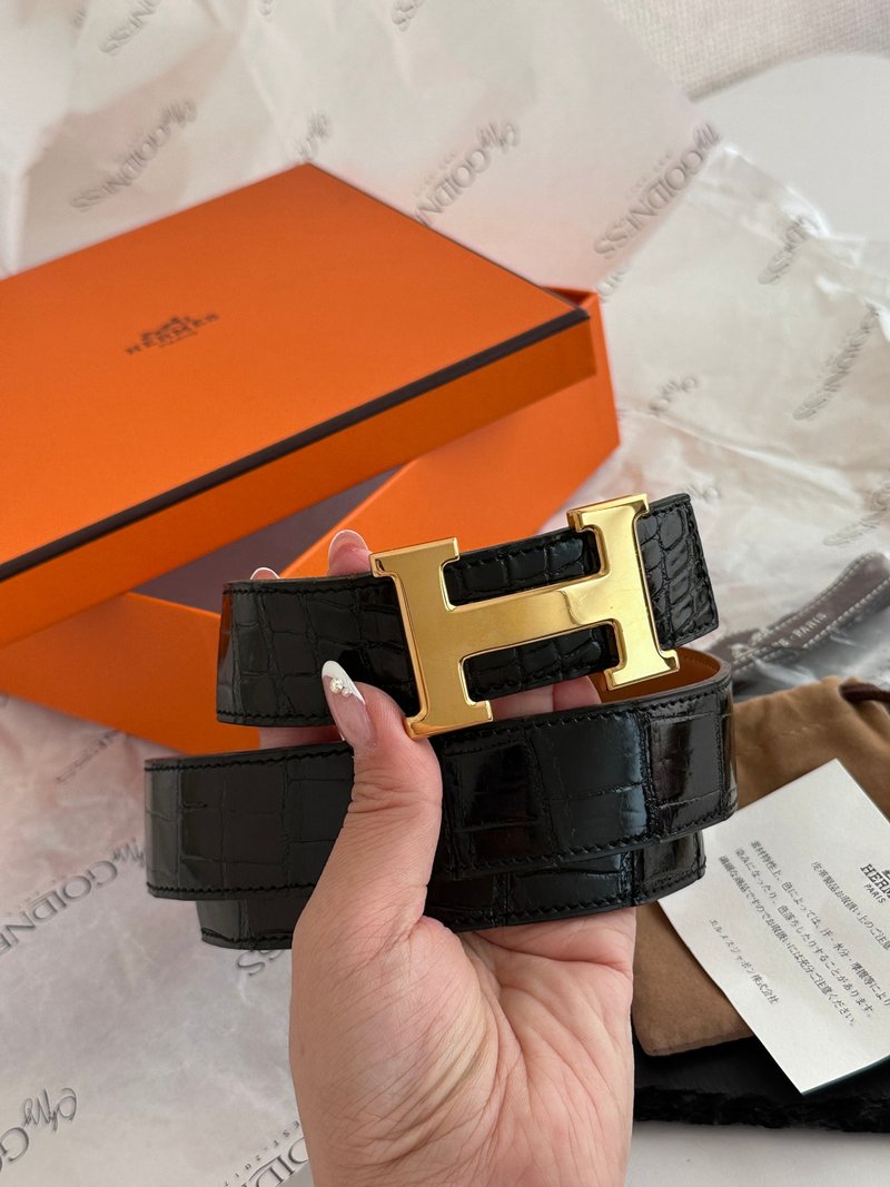 中古品 Hermes 愛馬仕 金扣鱷魚皮 Constance H 腰帶 - 皮帶/腰帶 - 真皮 黑色