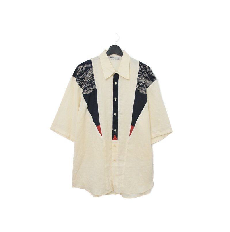 Back to Green- 短袖花襯衫 黑紅 拼接設計  ss-33 vintage shirt - 男襯衫/休閒襯衫 - 絲．絹 