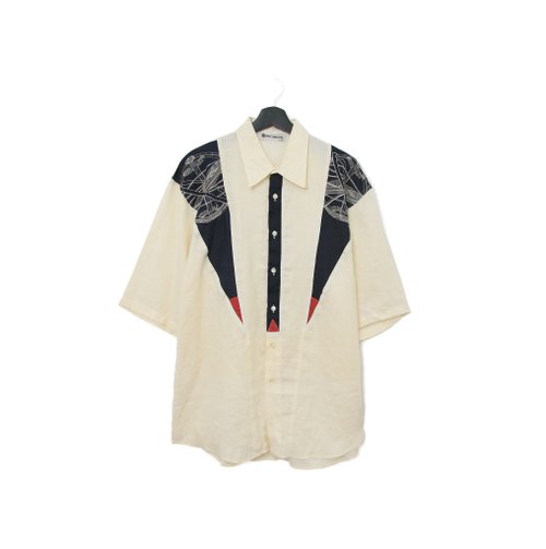 Back to Green Back to Green- 短袖花襯衫 黑紅 拼接設計 ss-33 vintage shirt