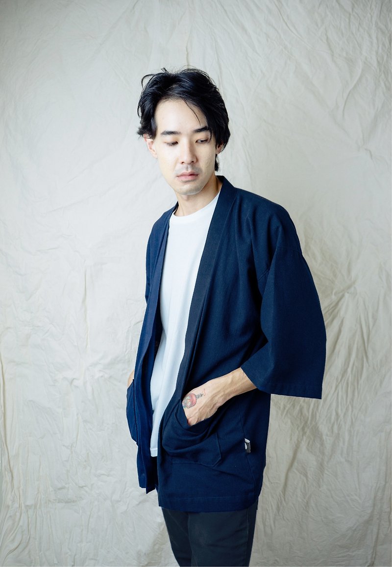 Nevy Blue Kimono Jacket  - Men's Coats & Jackets - Cotton & Hemp Blue