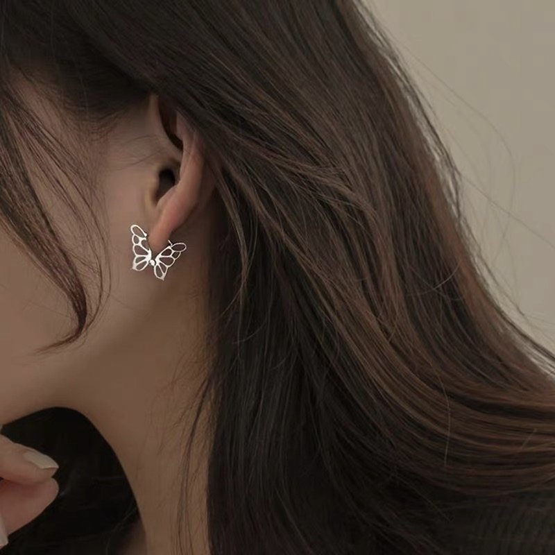 925 Sterling Silver Fairy Full Hollow Butterfly Sterling Silver Earrings - ต่างหู - เงินแท้ สีเงิน