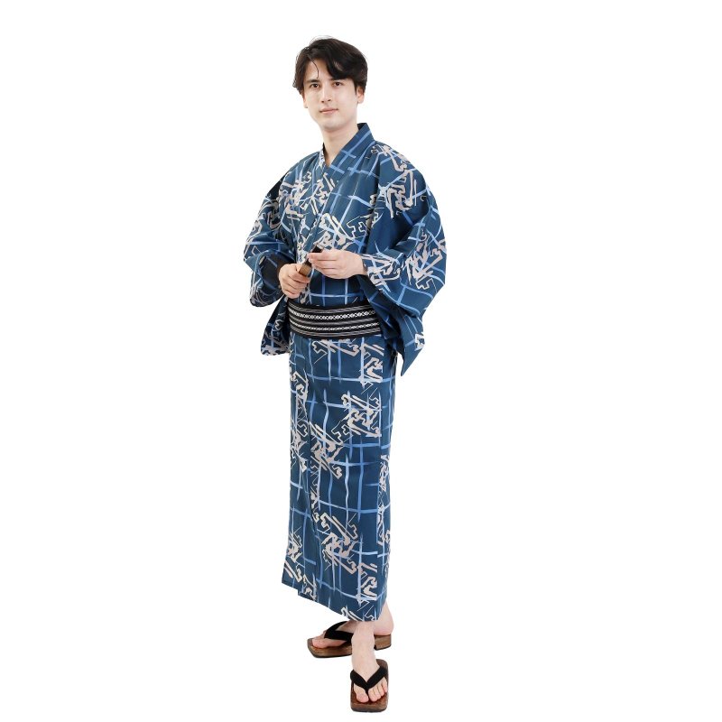 Men's cotton yukata and obi 2-piece set SML size Z32-04A yukata - Other - Cotton & Hemp Blue