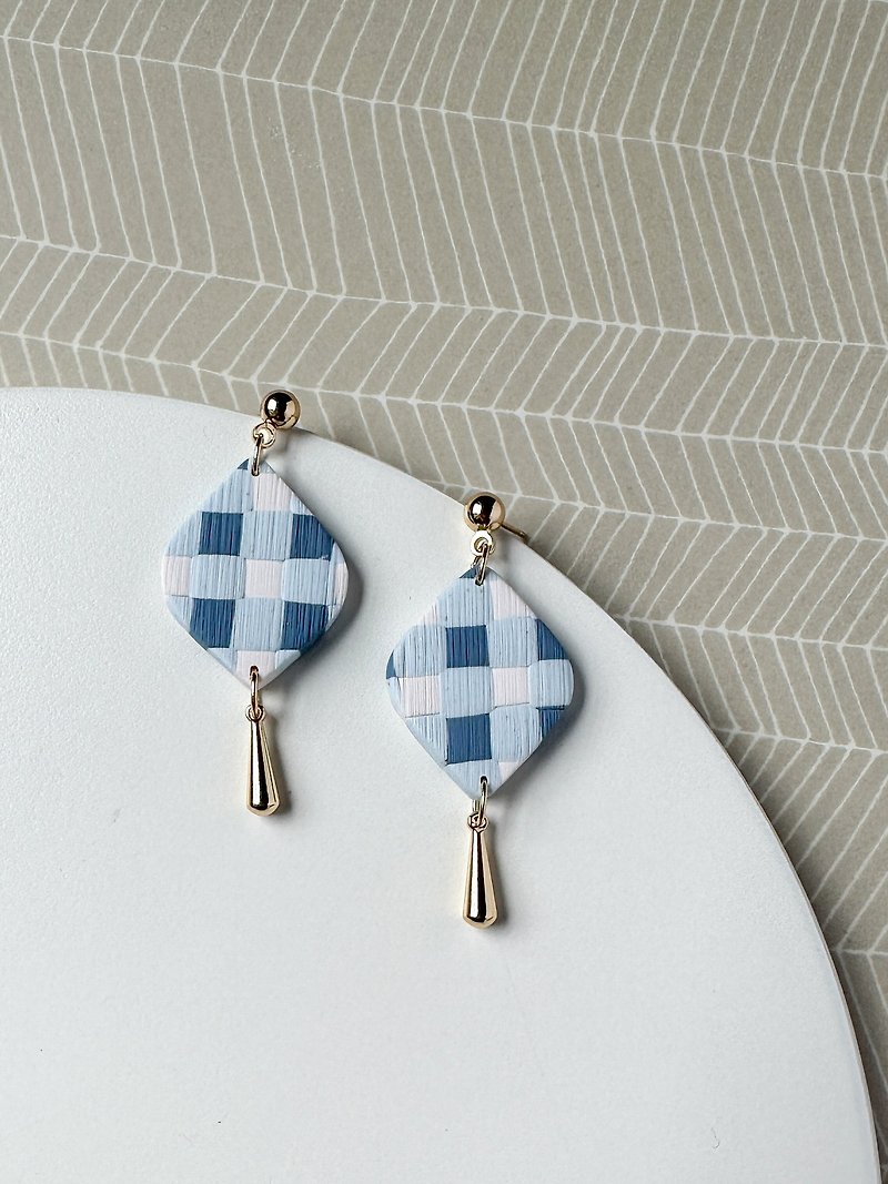 • Handcrafted Polymer Clay Earrings • Blue & White Gingham Teardrops - Earrings & Clip-ons - Pottery Blue