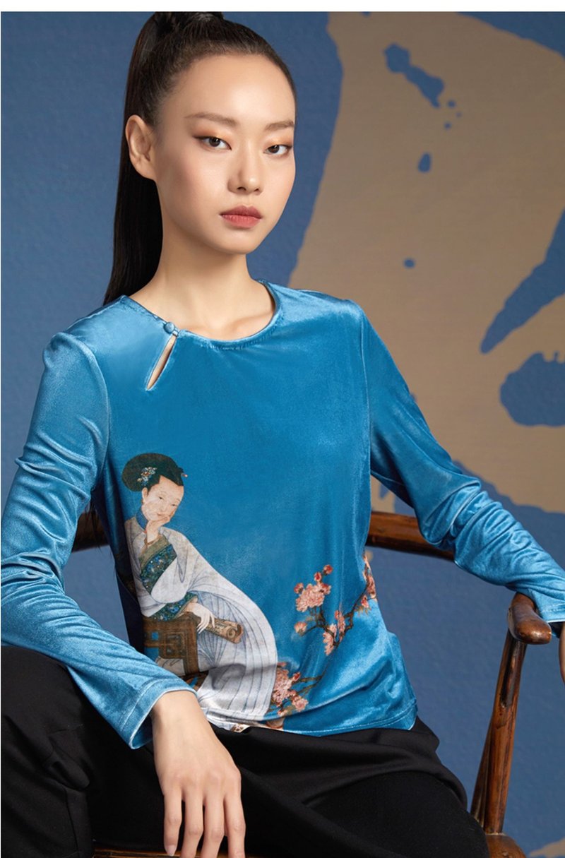 夜闌/新中式國風唐裝 禪意茶服 - 女上衣/長袖上衣 - 聚酯纖維 藍色