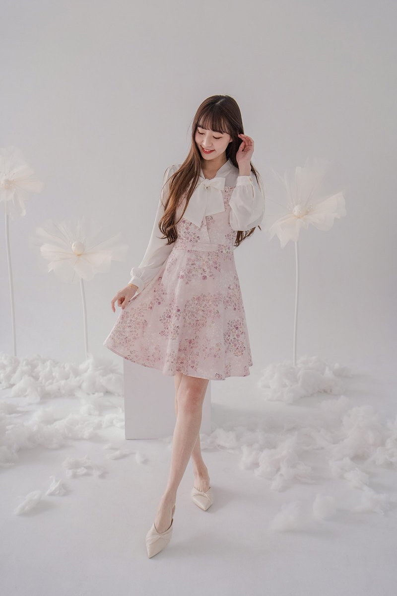 [Boli Print] Yamato Princess Chiffon Spliced ​​Long Sleeve Dress London Owl Skirt - ชุดเดรส - ผ้าฝ้าย/ผ้าลินิน สึชมพู