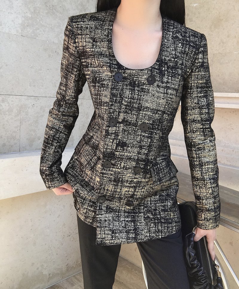 Imported double-sided bronzing jacquard wool French elegant round neck waist blazer Egyptian gold - เสื้อสูท/เสื้อคลุมยาว - ขนแกะ สีดำ