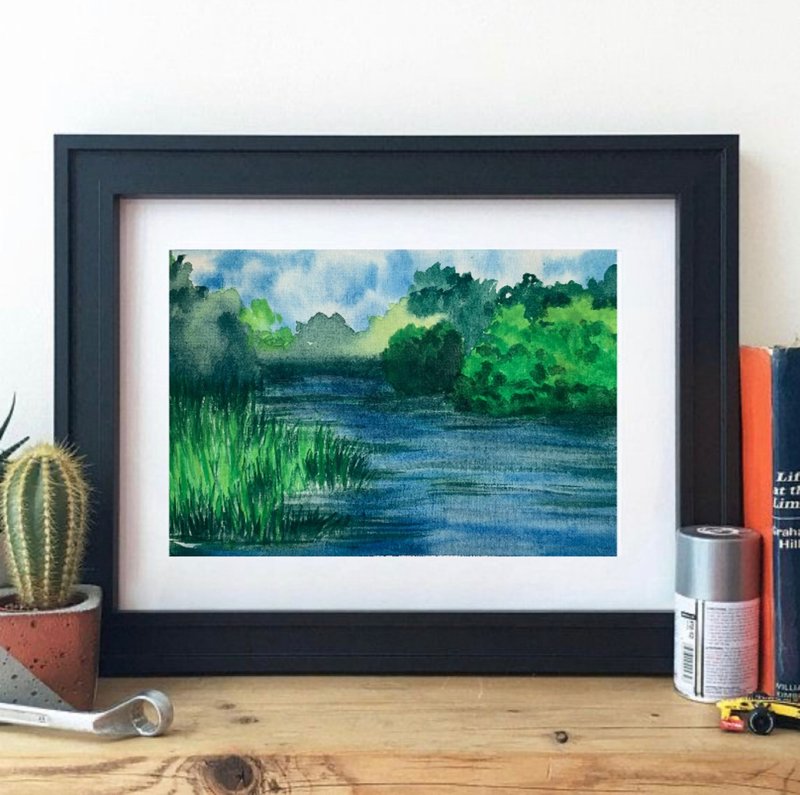Original Watercolor Landscape Lake Painting Trees Landscape Grass Forest Artwork - ตกแต่งผนัง - กระดาษ หลากหลายสี