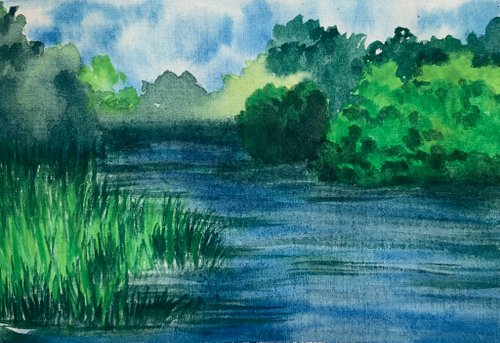金色フレーム 村の風景 水彩画