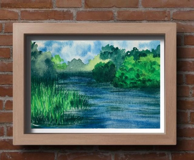 オリジナルの水彩風景湖の絵画の木風景草の森アートワーク