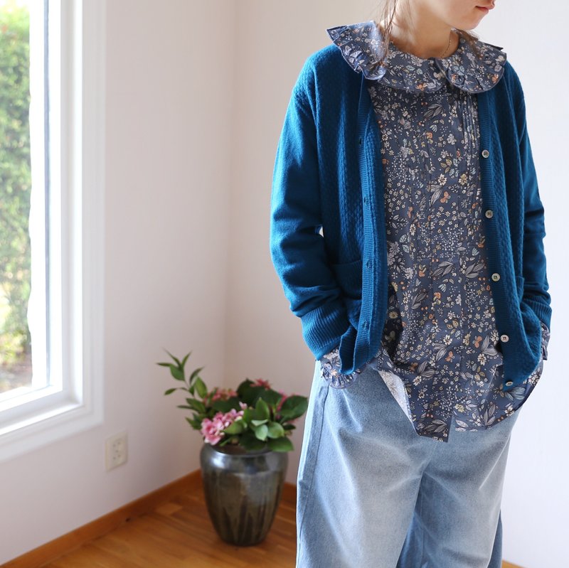 Peacock Blue Cashmere Wool Blend Women's Textured Long-Sleeve Cardigan - สเวตเตอร์ผู้หญิง - ขนแกะ 