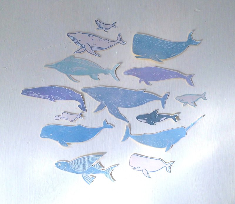 海生物貼紙組 全14種 鯨魚／飛魚／旗魚 - 貼紙 - 紙 藍色