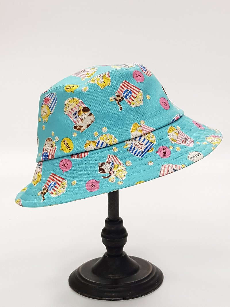 經典漁夫帽-爆米花喵 Popcorn Cat(藍)#四季好夥伴#漁夫帽#日本布 - 帽子 - 棉．麻 藍色