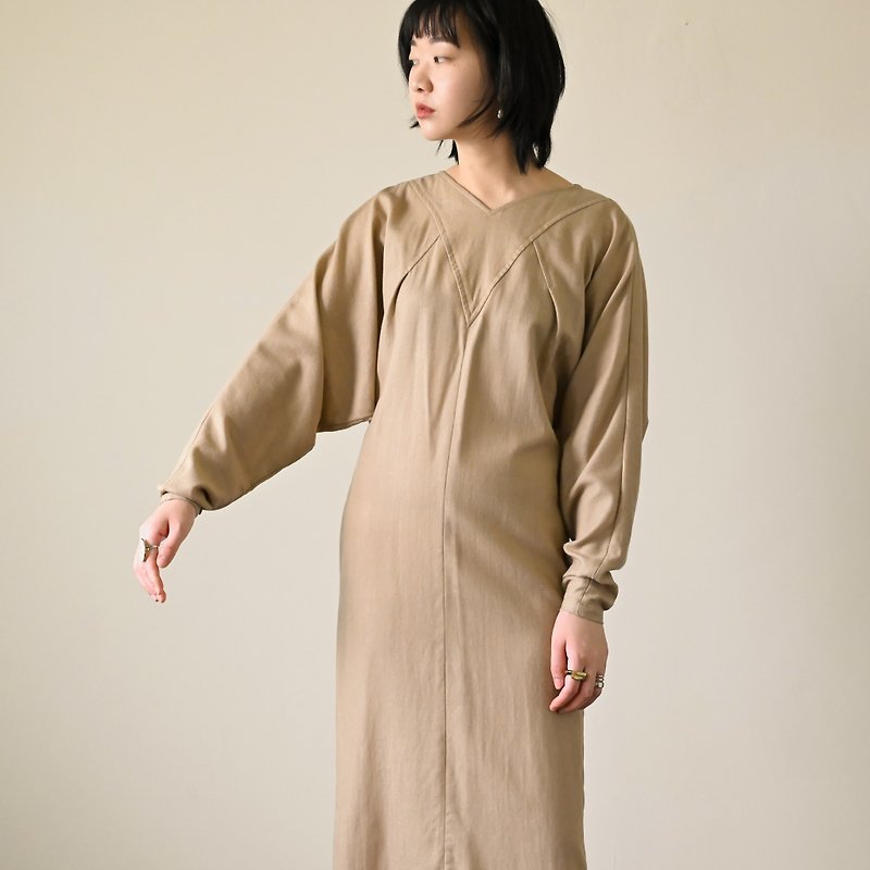 【NaSuBi Vintage】V-neck solid color thin wool vintage dress - One Piece Dresses - Wool 