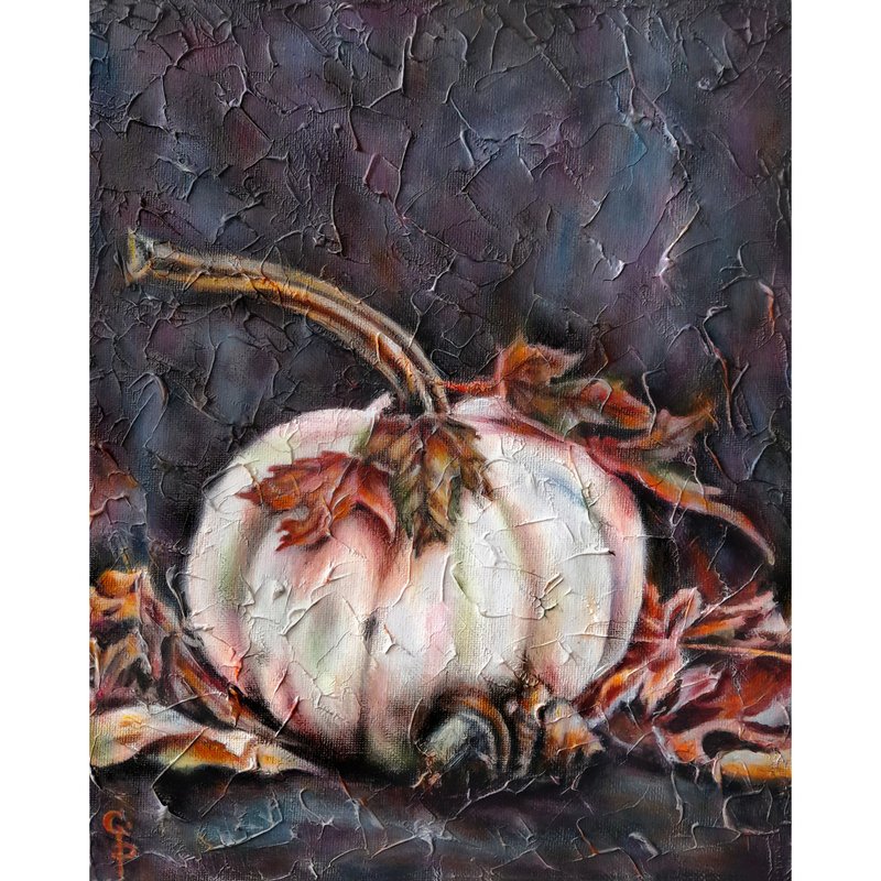 Pumpkin Painting on Canvas Still life Autumn Decor Oil Art Magic Fall leaves - 壁貼/牆壁裝飾 - 其他材質 多色