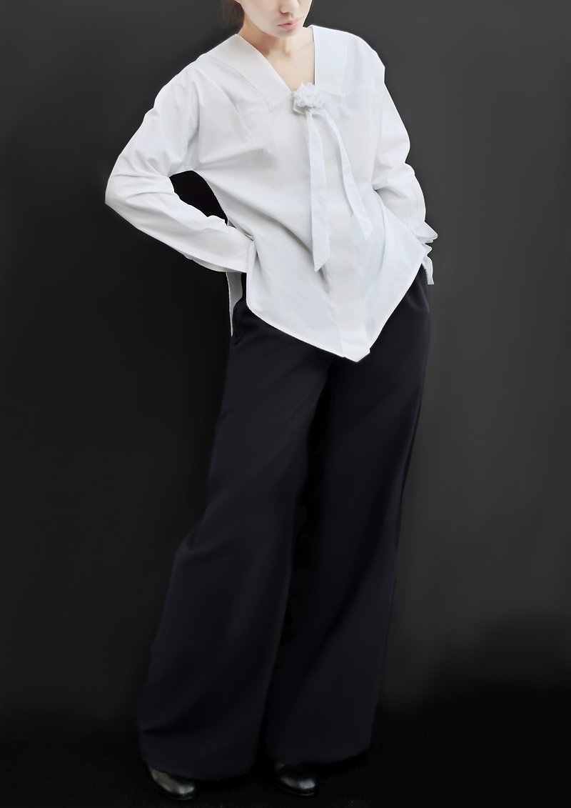Origami Long Sleeves Shirt With Flower Ribbon / 100% Cotton /  Made in Japan - เสื้อเชิ้ตผู้หญิง - ผ้าฝ้าย/ผ้าลินิน ขาว