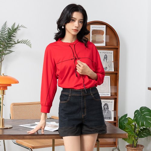MEDUSA LADY 【MEDUSA】抽繩小立領紅黑長袖T恤(M-XL) | 女上衣 休閒上衣